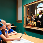 **

A vibrant classroom scene where students are actively engaged with MR headsets, exploring a virtual replica of a famous Dutch museum. The teacher is guiding the experience, pointing to a holographic artifact. The scene emphasizes collaboration, curiosity, and hands-on learning. Lighting is bright and inviting, suggesting a positive and immersive educational environment.

**