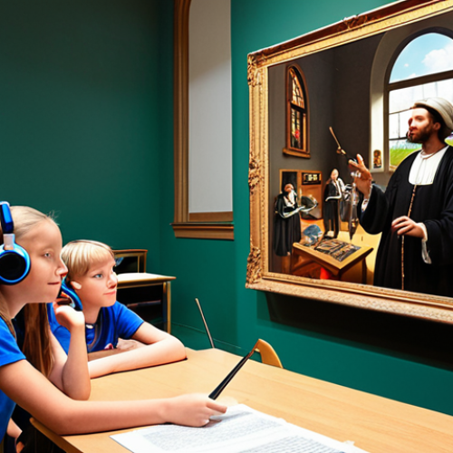 **

A vibrant classroom scene where students are actively engaged with MR headsets, exploring a virtual replica of a famous Dutch museum. The teacher is guiding the experience, pointing to a holographic artifact. The scene emphasizes collaboration, curiosity, and hands-on learning. Lighting is bright and inviting, suggesting a positive and immersive educational environment.

**