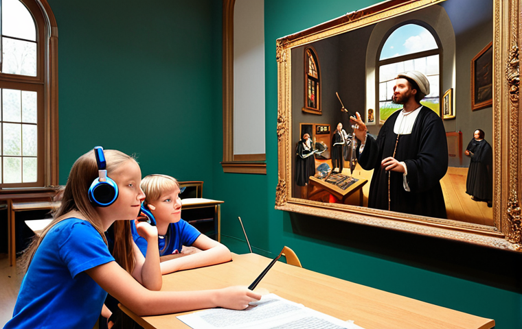 **

A vibrant classroom scene where students are actively engaged with MR headsets, exploring a virtual replica of a famous Dutch museum. The teacher is guiding the experience, pointing to a holographic artifact. The scene emphasizes collaboration, curiosity, and hands-on learning. Lighting is bright and inviting, suggesting a positive and immersive educational environment.

**