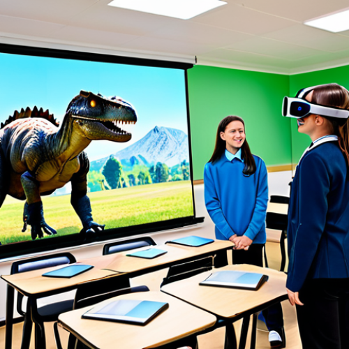 A diverse group of cheerful students and a female teacher in a modern, brightly lit classroom. Students are actively engaged, some wearing sleek, stand-alone mixed reality headsets, others using tablets to view augmented reality models. A vibrant, detailed 3D holographic projection of a large, realistic dinosaur or a historical castle appears in the center of the room, which students are examining and discussing. The teacher is pointing towards the holographic model, guiding their learning. Everyone is fully clothed in modest school uniforms or appropriate casual attire. The scene conveys a sense of active learning and technological integration. professional photography, high quality, perfect anatomy, correct proportions, well-formed hands, proper finger count, natural body proportions, natural pose, safe for work, appropriate content, fully clothed, family-friendly.