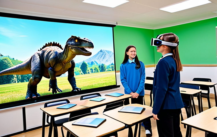 A diverse group of cheerful students and a female teacher in a modern, brightly lit classroom. Students are actively engaged, some wearing sleek, stand-alone mixed reality headsets, others using tablets to view augmented reality models. A vibrant, detailed 3D holographic projection of a large, realistic dinosaur or a historical castle appears in the center of the room, which students are examining and discussing. The teacher is pointing towards the holographic model, guiding their learning. Everyone is fully clothed in modest school uniforms or appropriate casual attire. The scene conveys a sense of active learning and technological integration. professional photography, high quality, perfect anatomy, correct proportions, well-formed hands, proper finger count, natural body proportions, natural pose, safe for work, appropriate content, fully clothed, family-friendly.